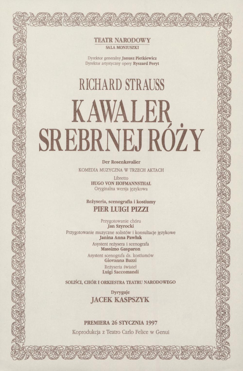 Wkładka obsadowa „Kawaler srebrnej róży” Richard Strauss 02-03-1997
