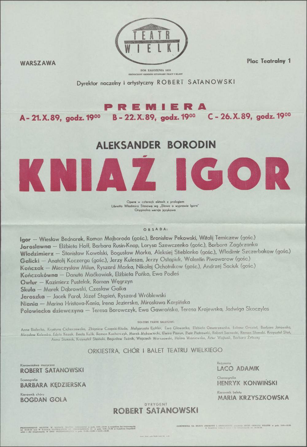 Afisz premierowy „Kniaź Igor” Aleksander Borodin 21-10-1989