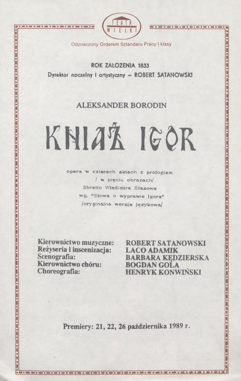 Wkładka obsadowa „Kniaź Igor” Aleksander Borodin 22-10-1989