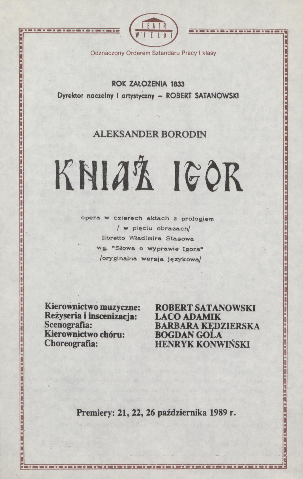 Wkładka obsadowa „Kniaź Igor” Aleksander Borodin 15-02-1990