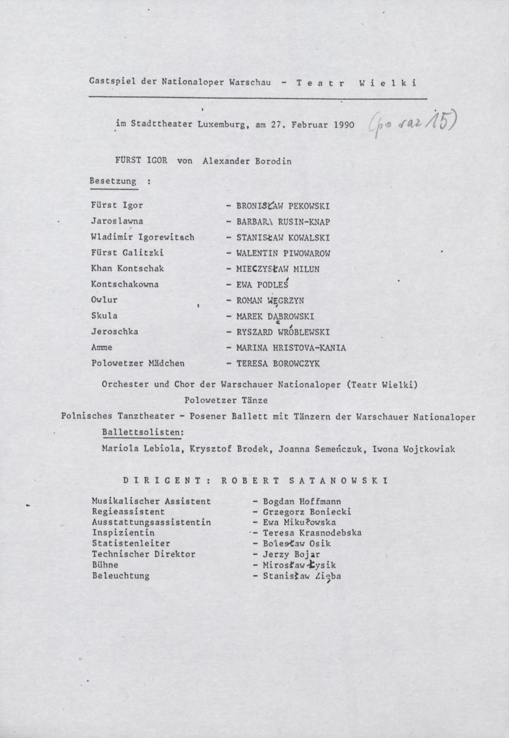 Gastspiel der Nationaloper Warschau – Teatr Wielki im Stadttheater Luxemburg am 27-02-1990