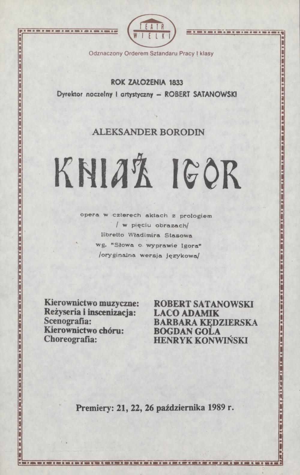 Wkładka obsadowa „Kniaź Igor” Aleksander Borodin 24-06-1990