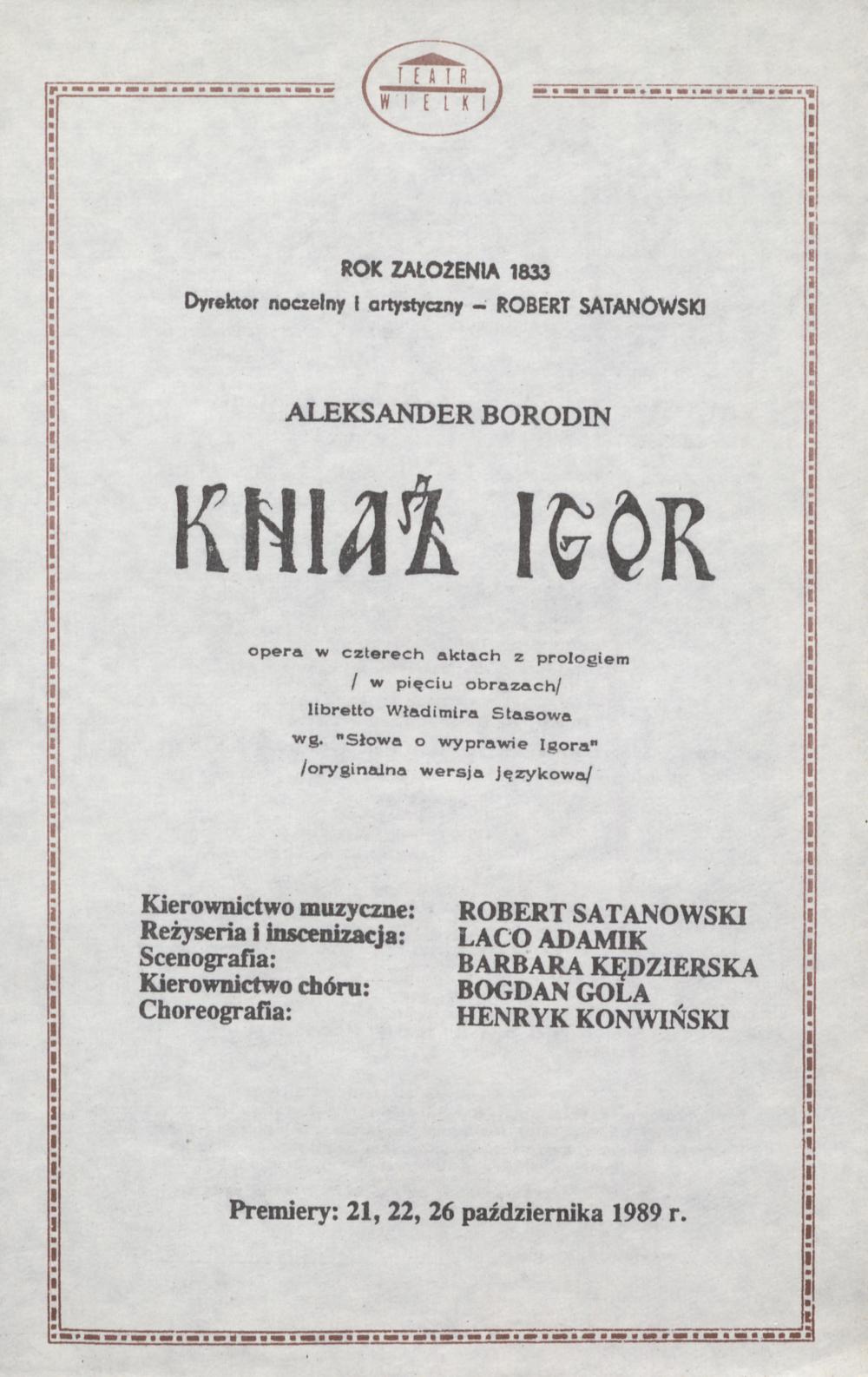 Wkładka obsadowa „Kniaź Igor” Aleksander Borodin 16-11-1990