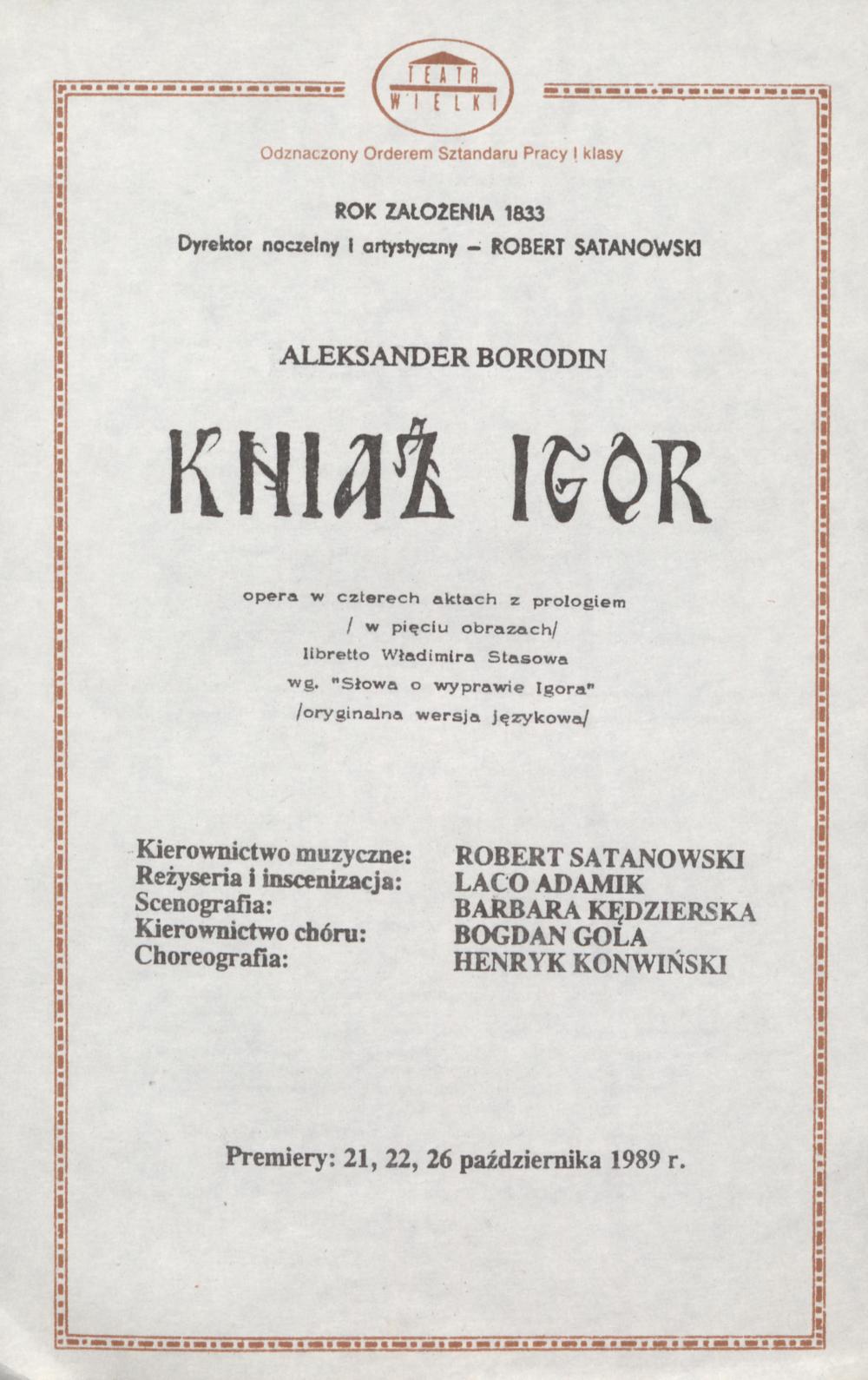 Wkładka obsadowa „Kniaź Igor” Aleksander Borodin 24-10-1989