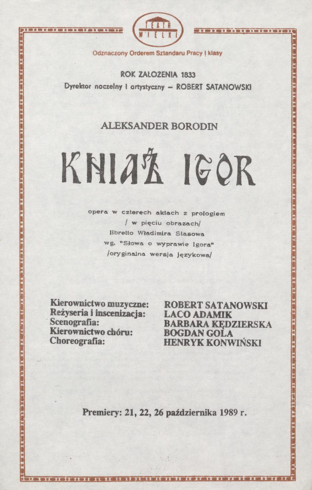 Wkładka obsadowa „Kniaź Igor” Aleksander Borodin 27-10-1989