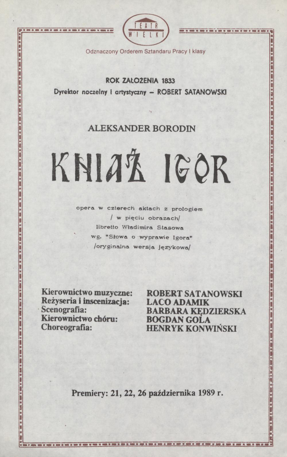 Wkładka obsadowa „Kniaź Igor” Aleksander Borodin 17-02-1990