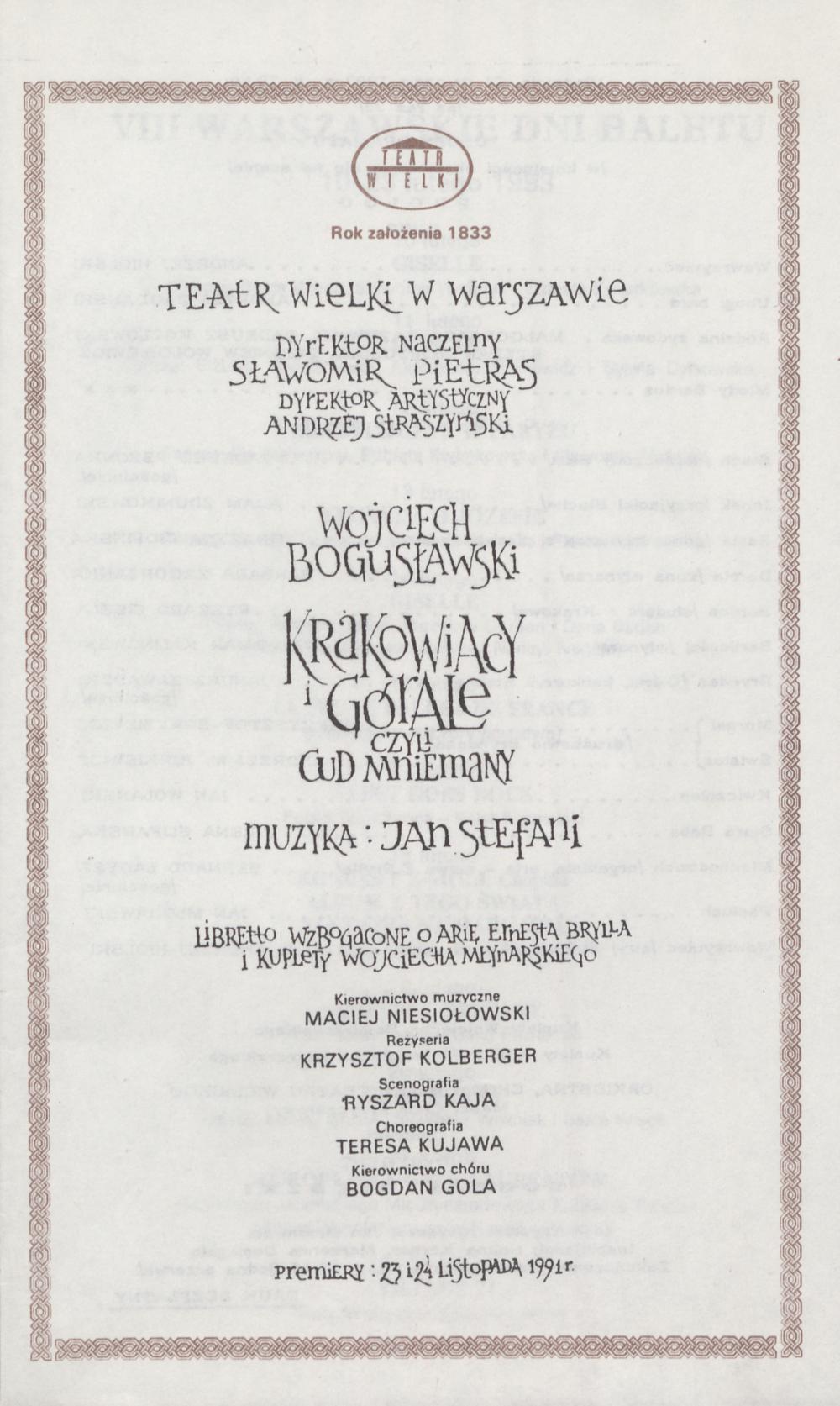 Wkładka Obsadowa.„Krakowiacy i Górale czyli Cud mniemany” Wojciech Bogusławski 24-01-1993