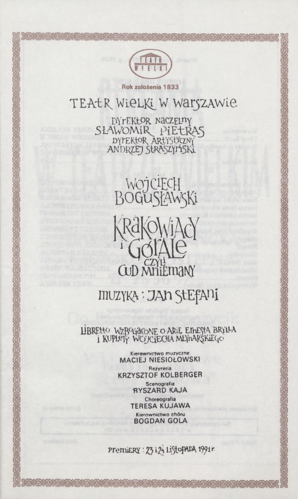 Wkładka Obsadowa.„Krakowiacy i Górale czyli Cud mniemany” Wojciech Bogusławski 01-06-1993