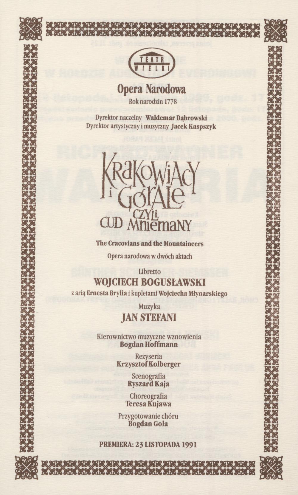 Wkładka Obsadowa.„Krakowiacy i Górale czyli Cud mniemany” Wojciech Bogusławski 11-11-1999
