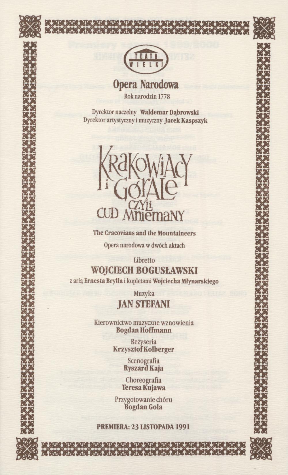 Wkładka Obsadowa.„Krakowiacy i Górale czyli Cud mniemany” Wojciech Bogusławski 14-03-2000