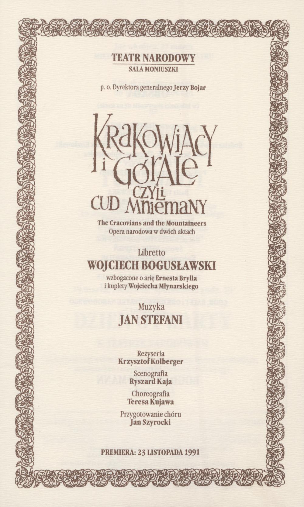 Wkładka Obsadowa.„Krakowiacy i Górale czyli Cud mniemany” Wojciech Bogusławski 26-02-1998