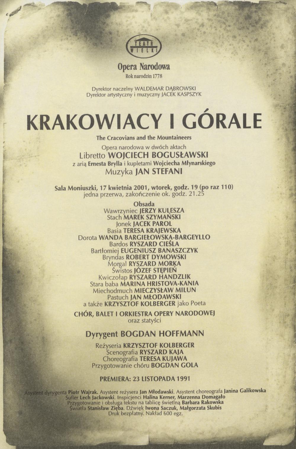 Wkładka Obsadowa.„Krakowiacy i Górale czyli Cud mniemany” Wojciech Bogusławski 17-04-2001