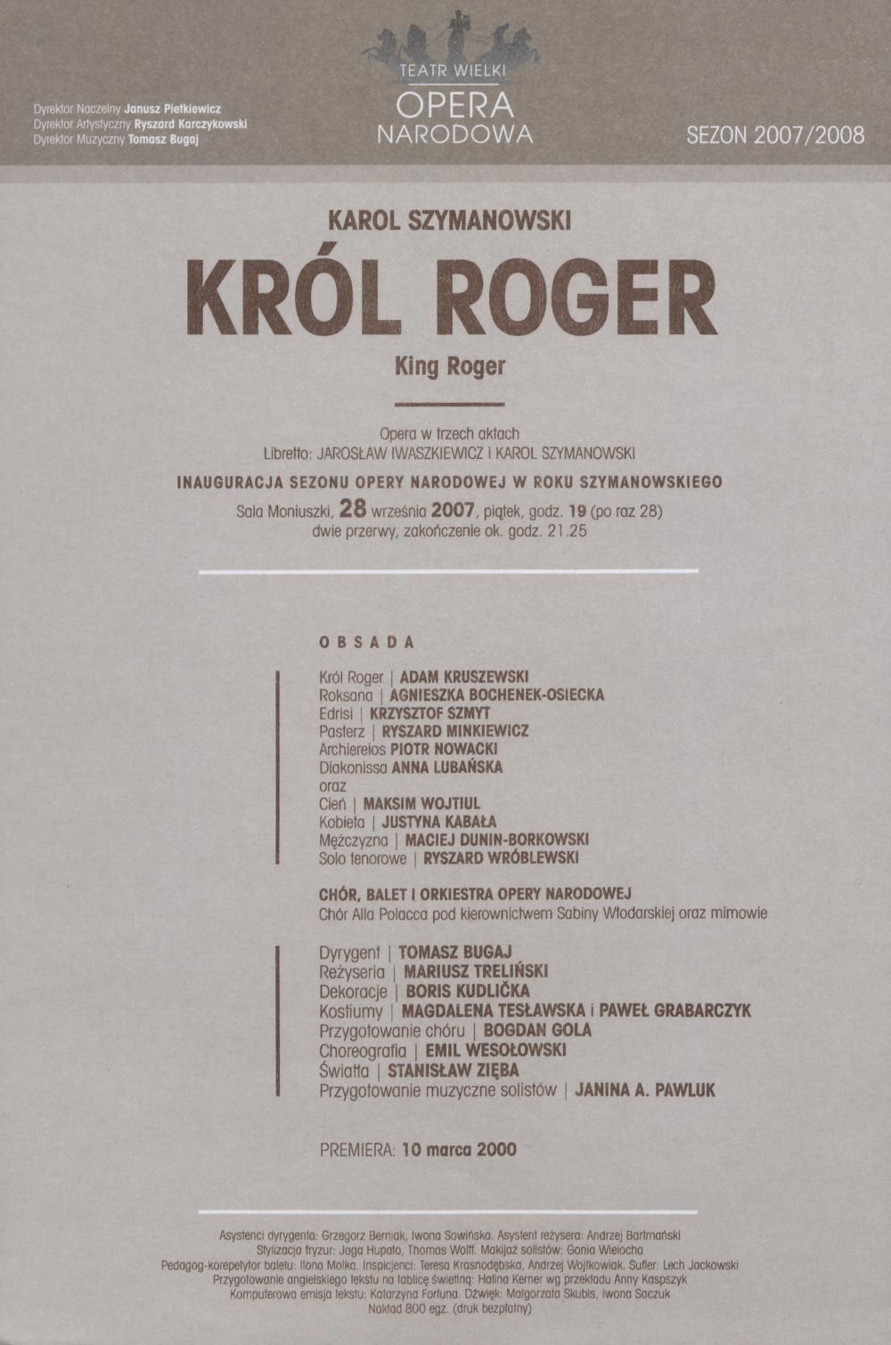 Wkładka obsadowa „Król Roger” Karol Szymanowski 28-09-2007