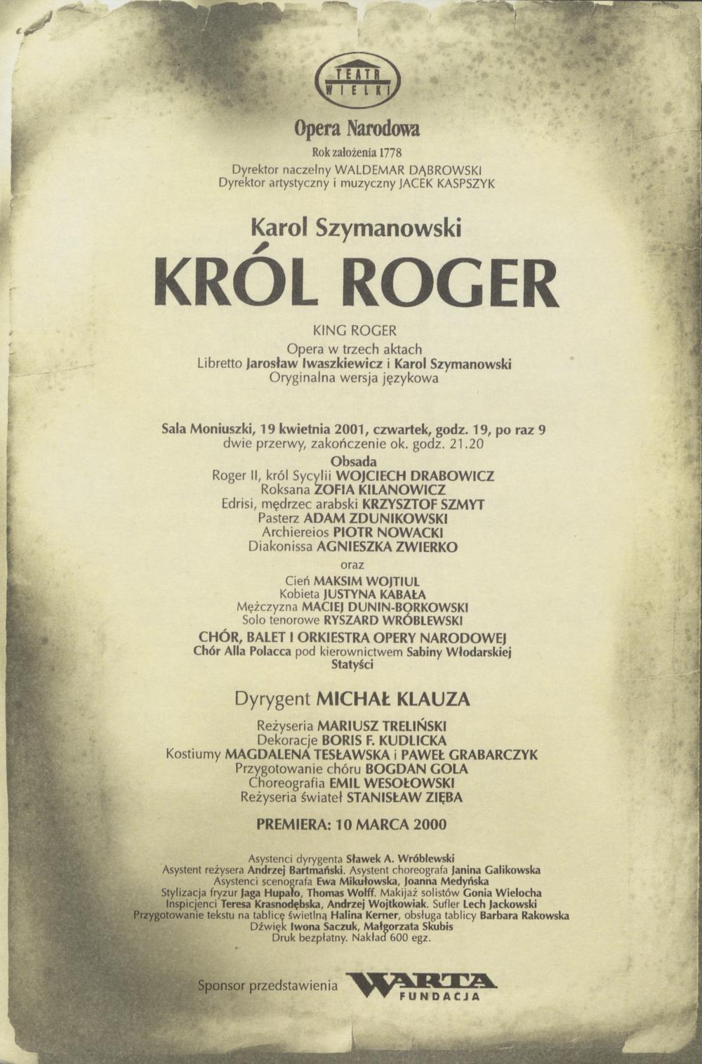 Wkładka obsadowa „Król Roger” Karol Szymanowski 19-04-2001