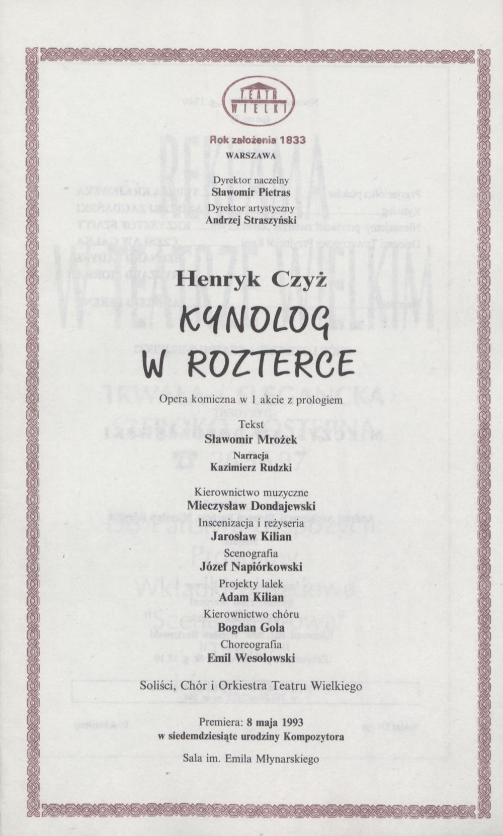 Wkładka obsadowa. „Kynolog w rozterce” Henryk Czyż 09-05-1993