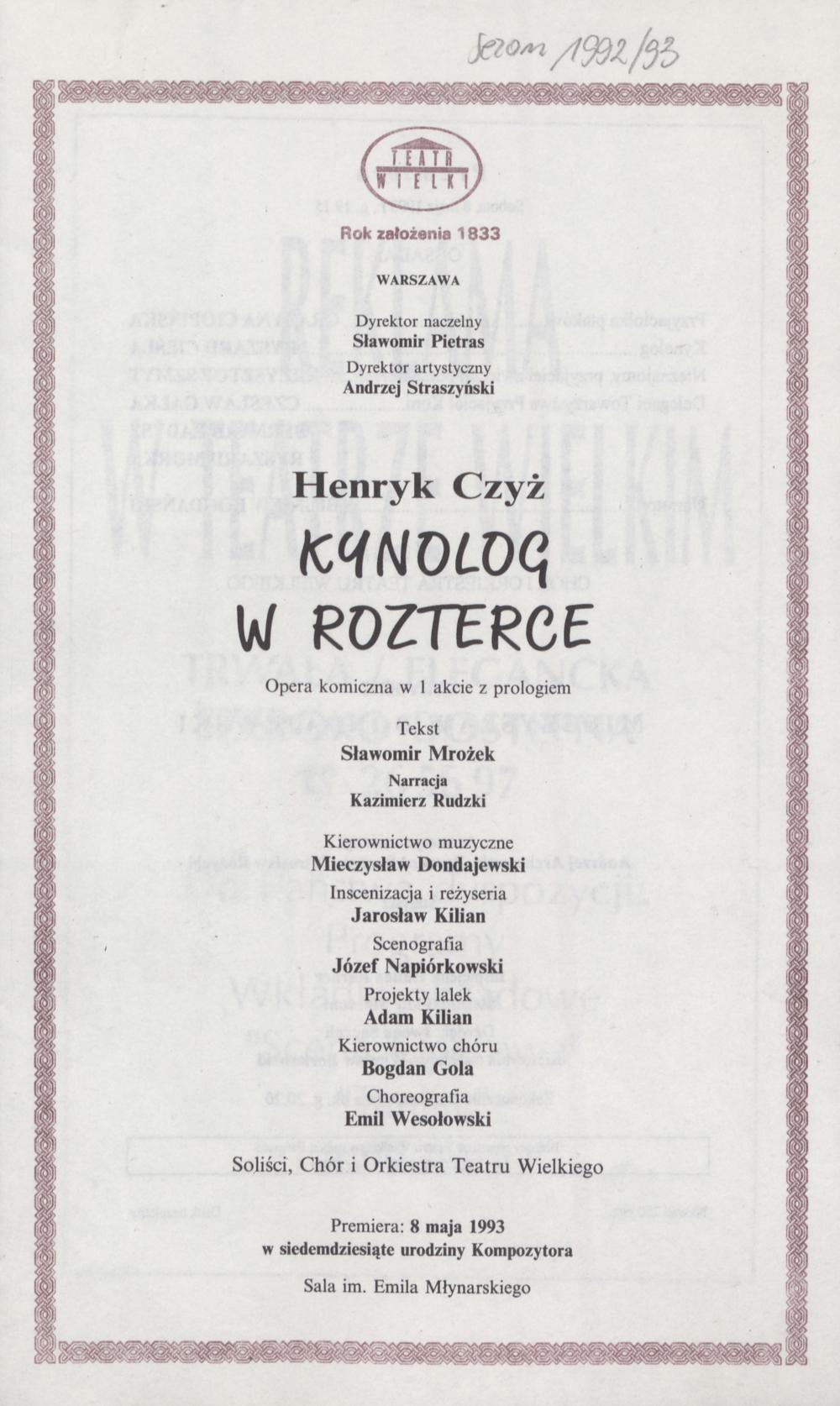 Wkładka obsadowa. „Kynolog w rozterce” Henryk Czyż 08-05-1993