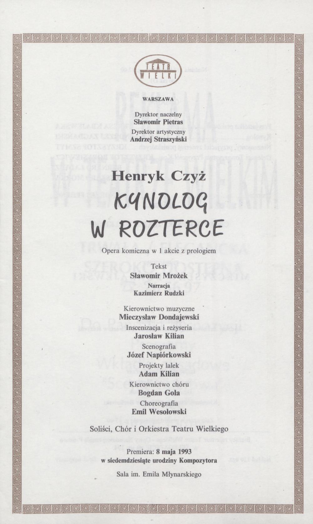 Wkładka obsadowa. „Kynolog w rozterce” Henryk Czyż 13-02-1994