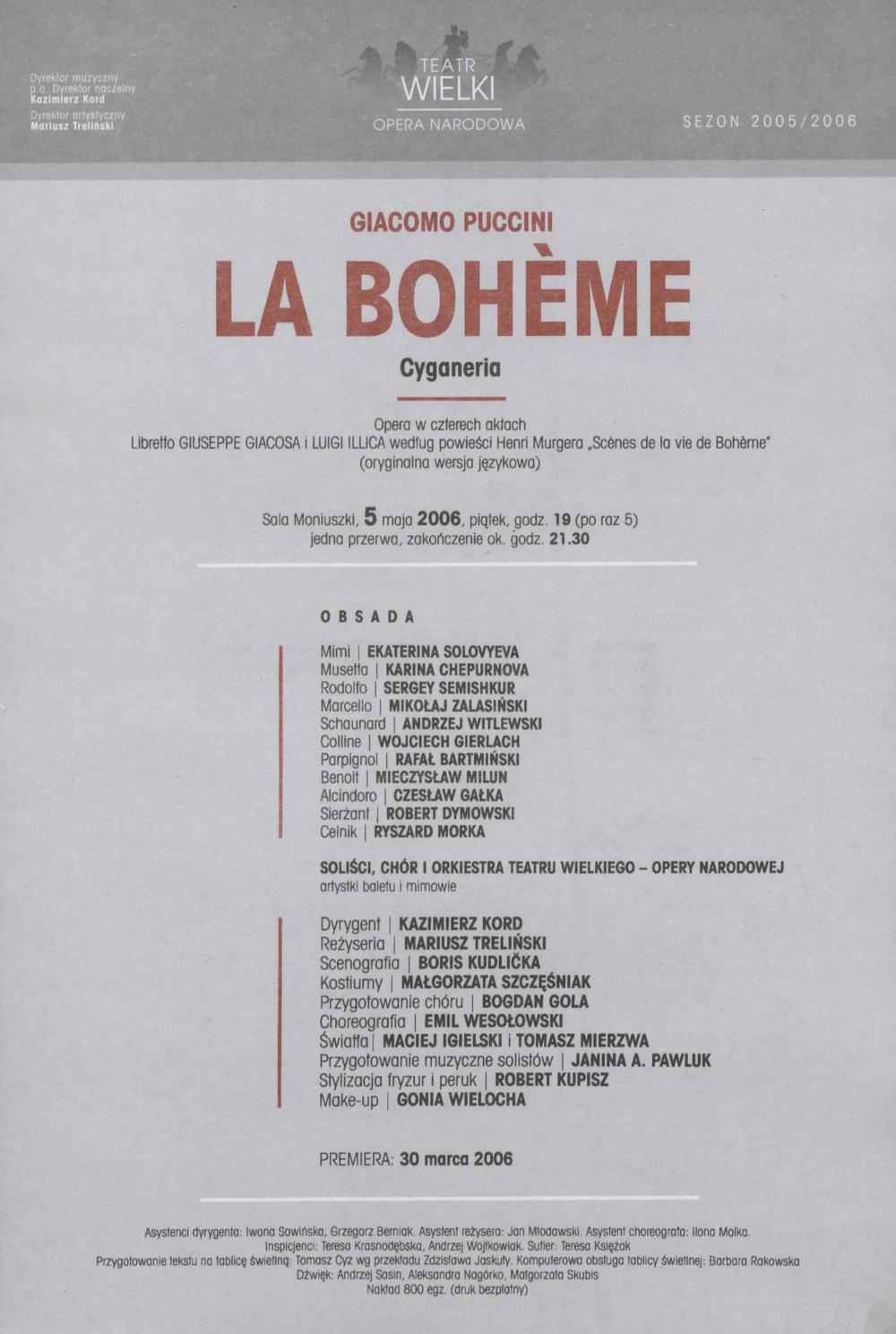 Wkładka obsadowa - „La Boheme” Giacomo Puccini 05-05-2006