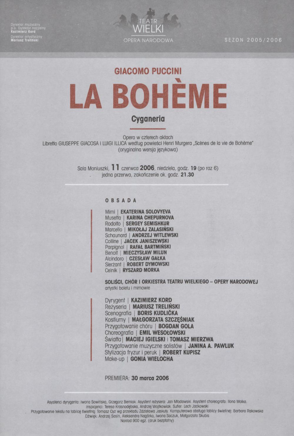 Wkładka obsadowa - „La Boheme” Giacomo Puccini 11-06-2006