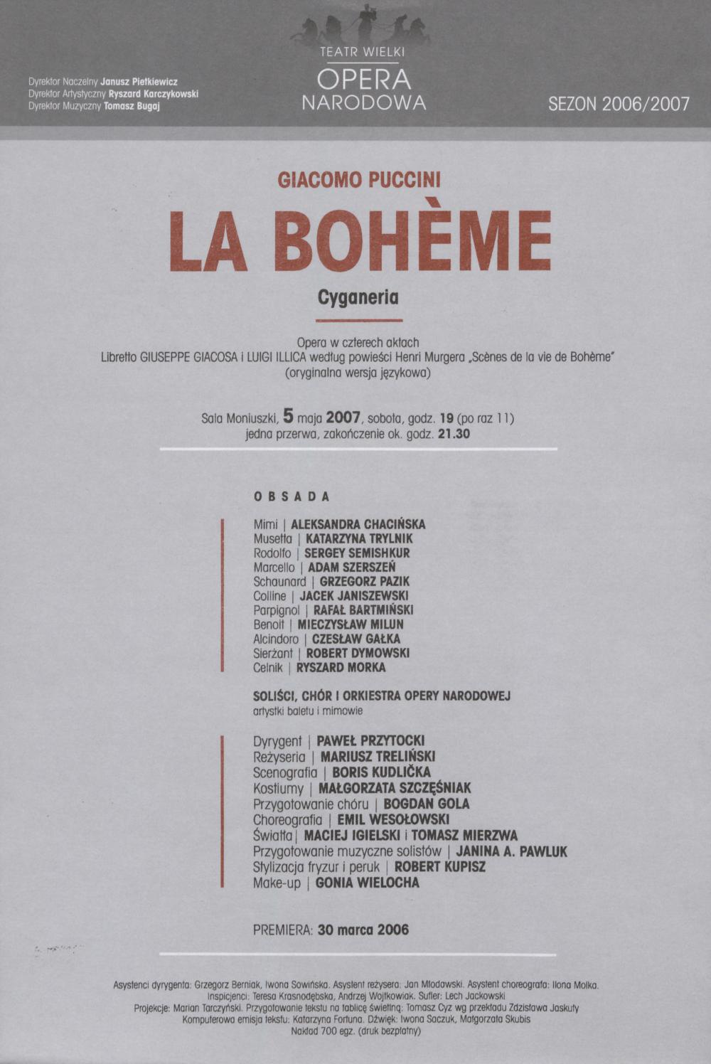 Wkładka obsadowa - „La Boheme” Giacomo Puccini 05-05-2007