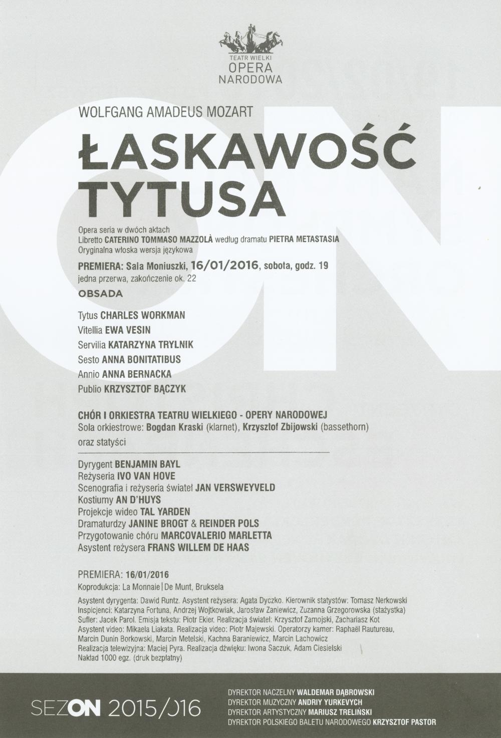 Wkładka obsadowa „Łaskawość Tytusa” Wolfgang Amadeus Mozart premeira 2016-01-16