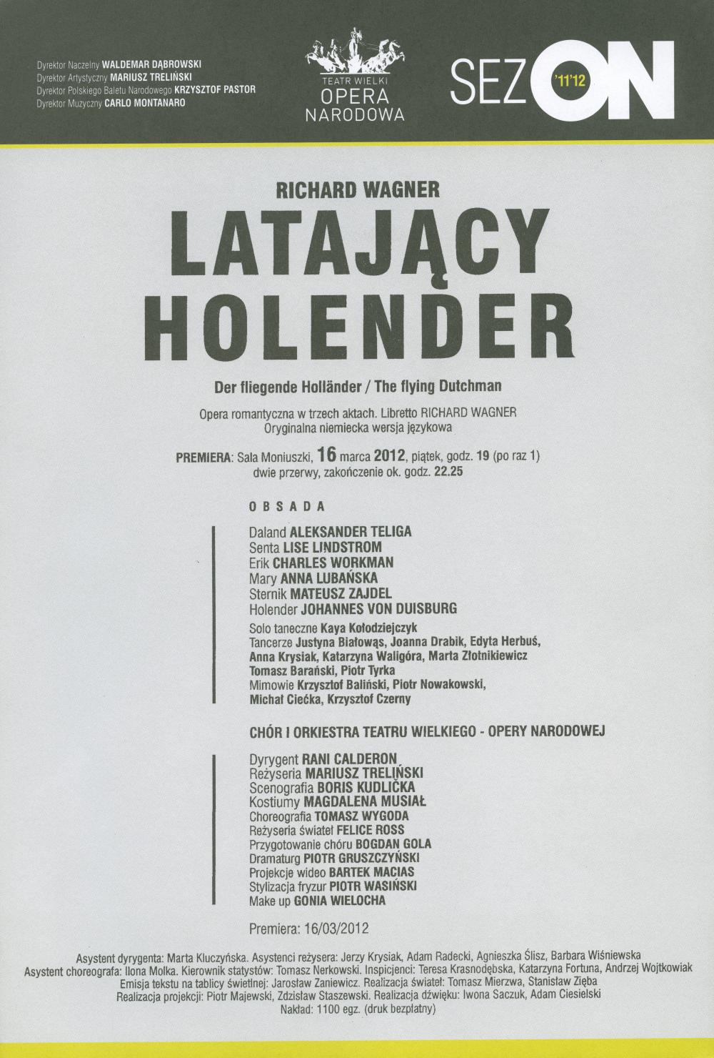 Wkładka premierowa „Latający Holender” Ryszard Wagner 16-03-2012