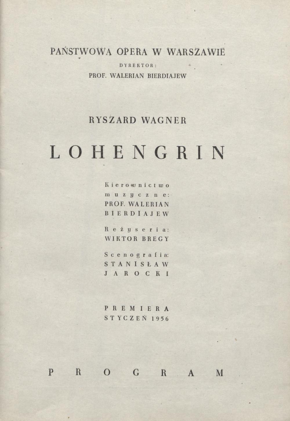 Program „Lohengrin” Richard Wagner 25-02-1956