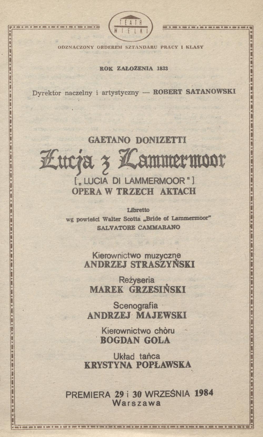 Wkładka Obsadowa "Łucja z Lammermoor" Gaetano Donizetti 19-10-1984
