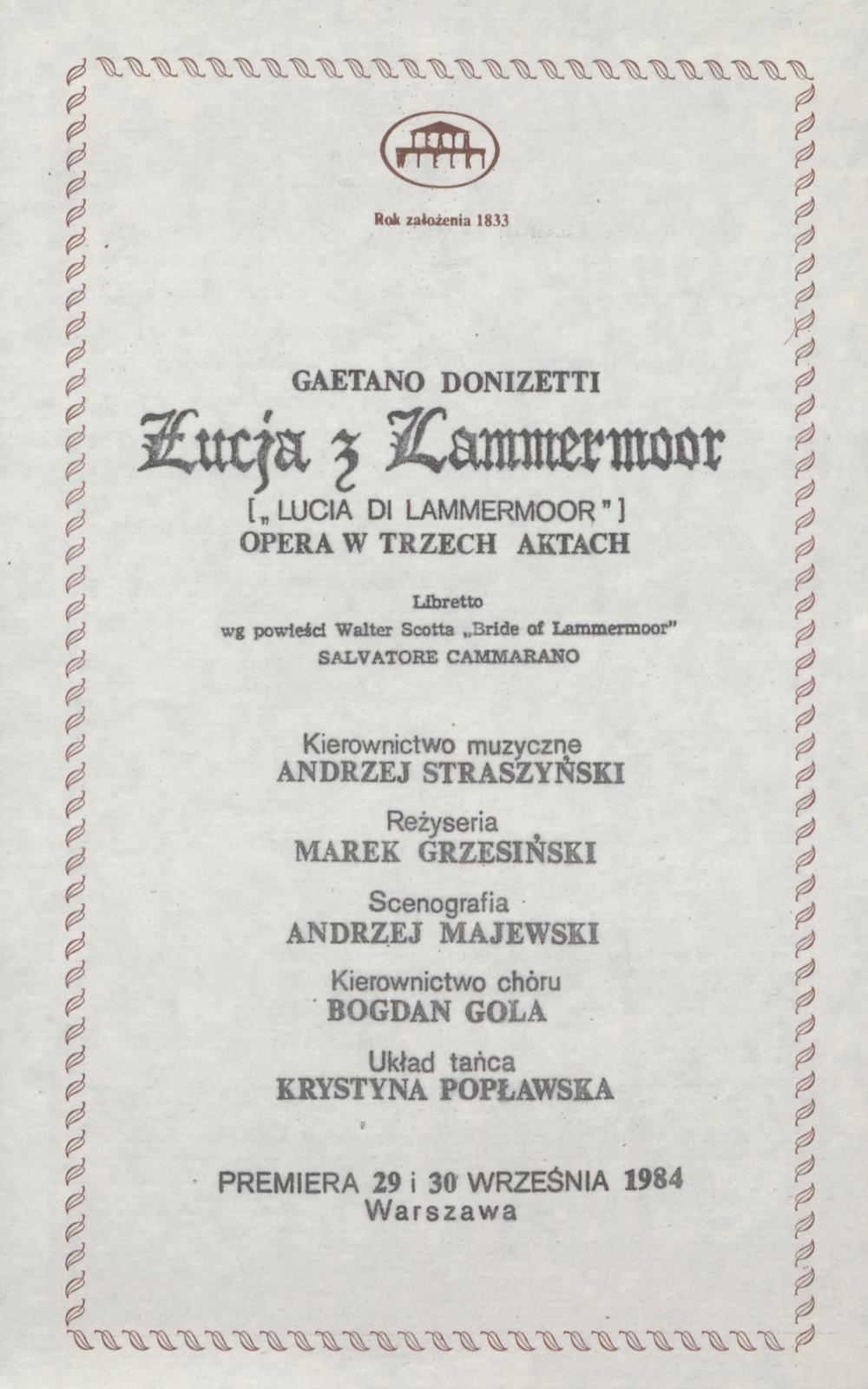 Wkładka Obsadowa "Łucja z Lammermoor" Gaetano Donizetti 09-10-1991