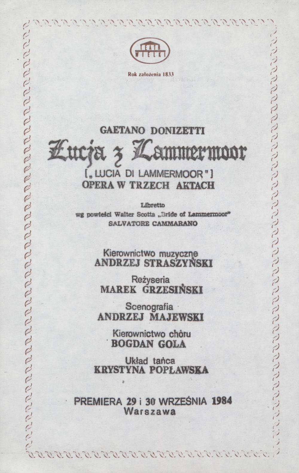 Wkładka Obsadowa "Łucja z Lammermoor" Gaetano Donizetti 24-04-1992