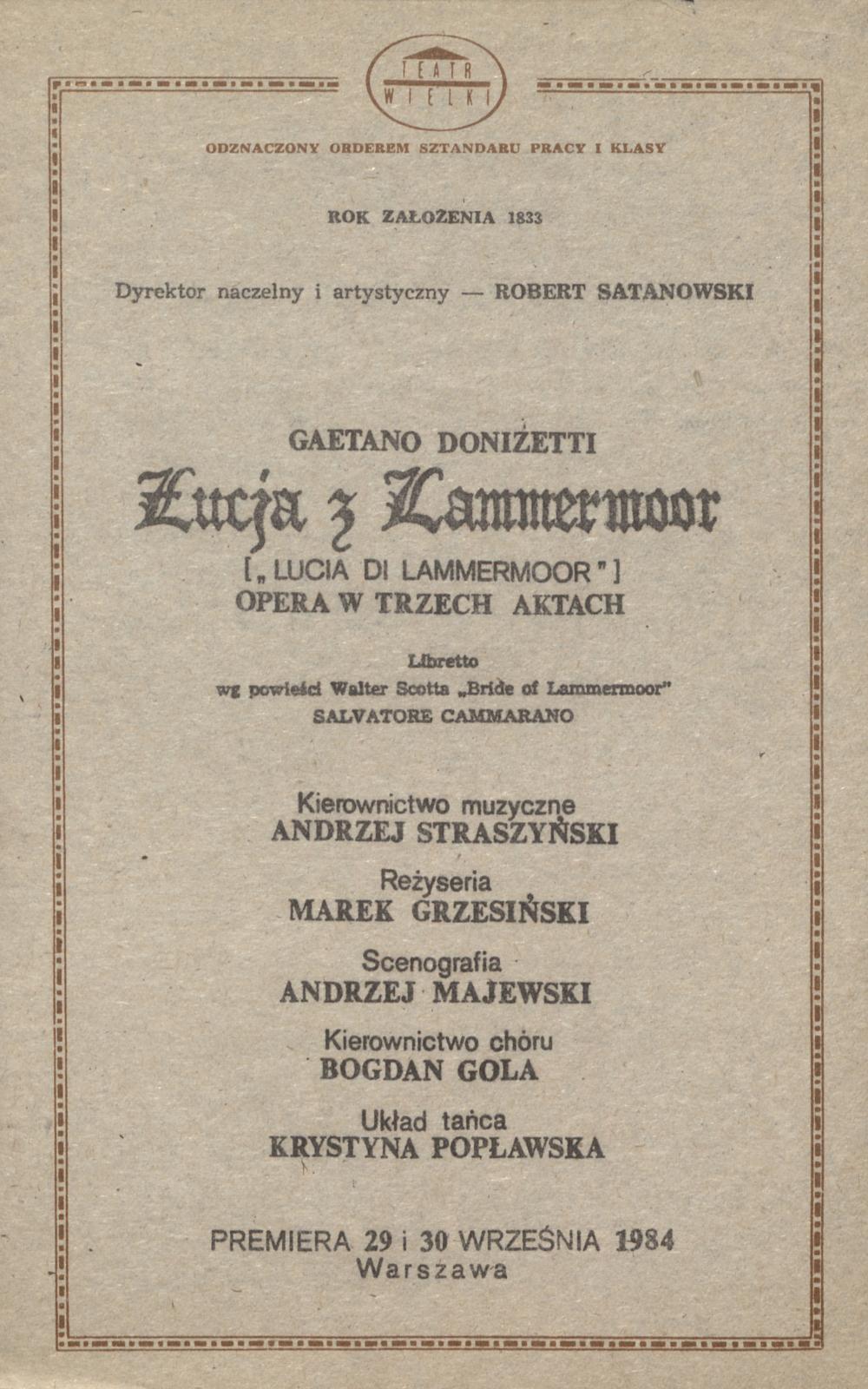 Wkładka Obsadowa "Łucja z Lammermoor" Gaetano Donizetti 03-07-1985 II Bałtyckie Spotkania Teatrów Operowych Opera Leśna w Sopocie