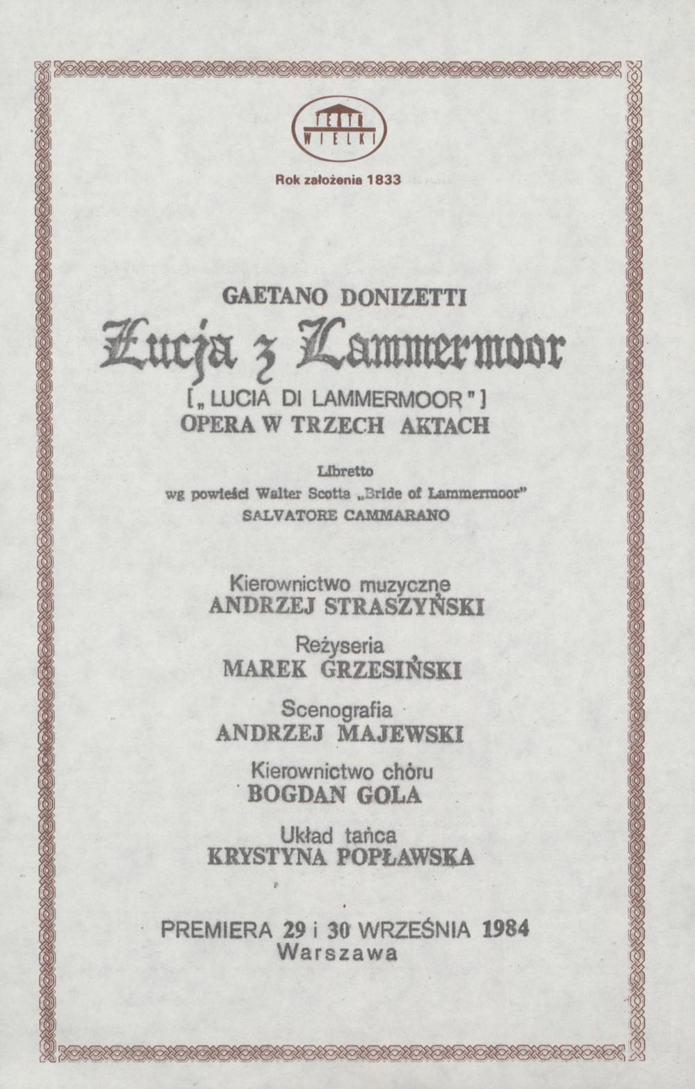 Wkładka Obsadowa "Łucja z Lammermoor" Gaetano Donizetti 09-01-1992