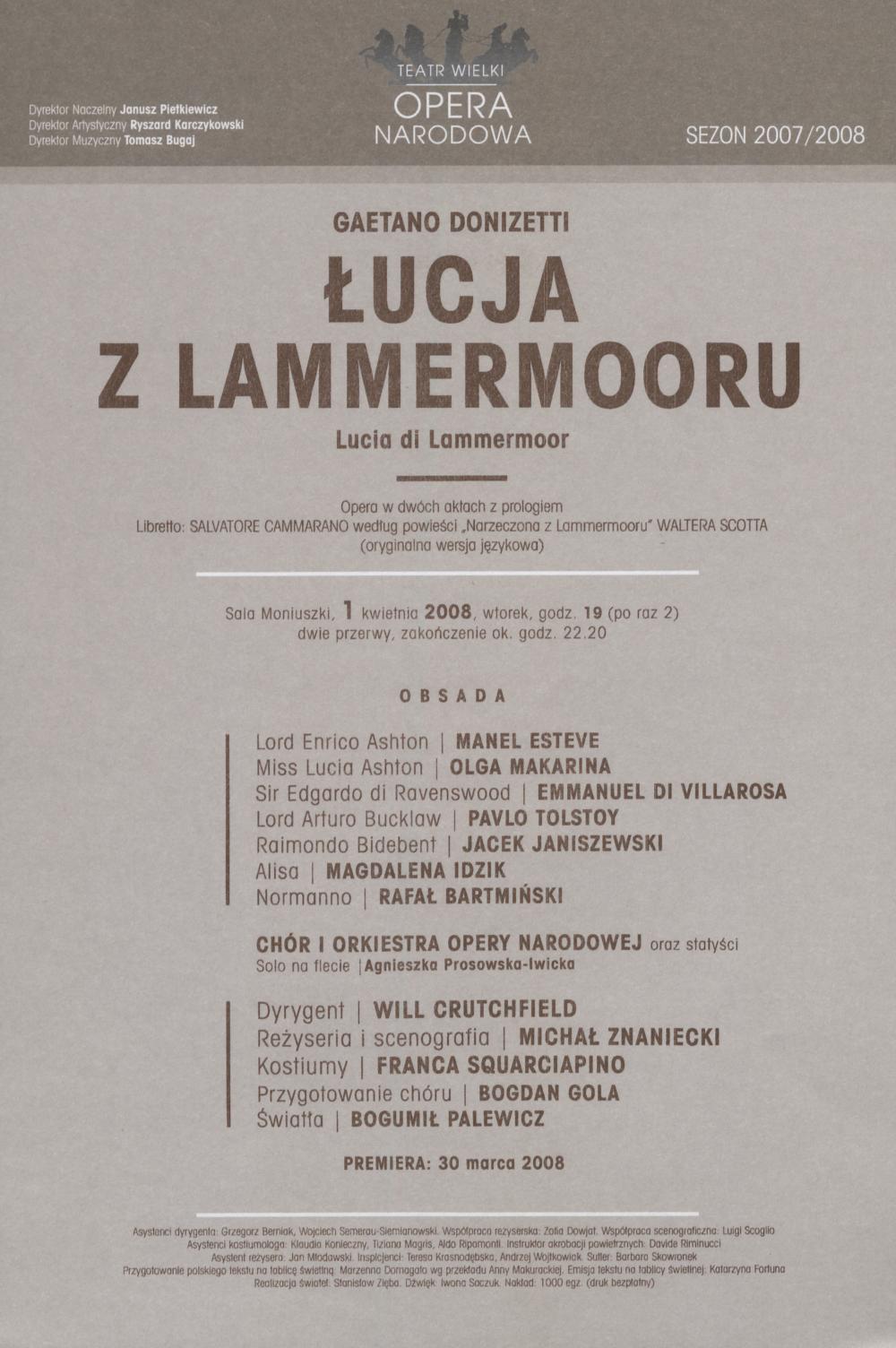 Wkładka obsadowa - „Łucja z Lammermooru” Gaetano Donizetti 01-04-2008