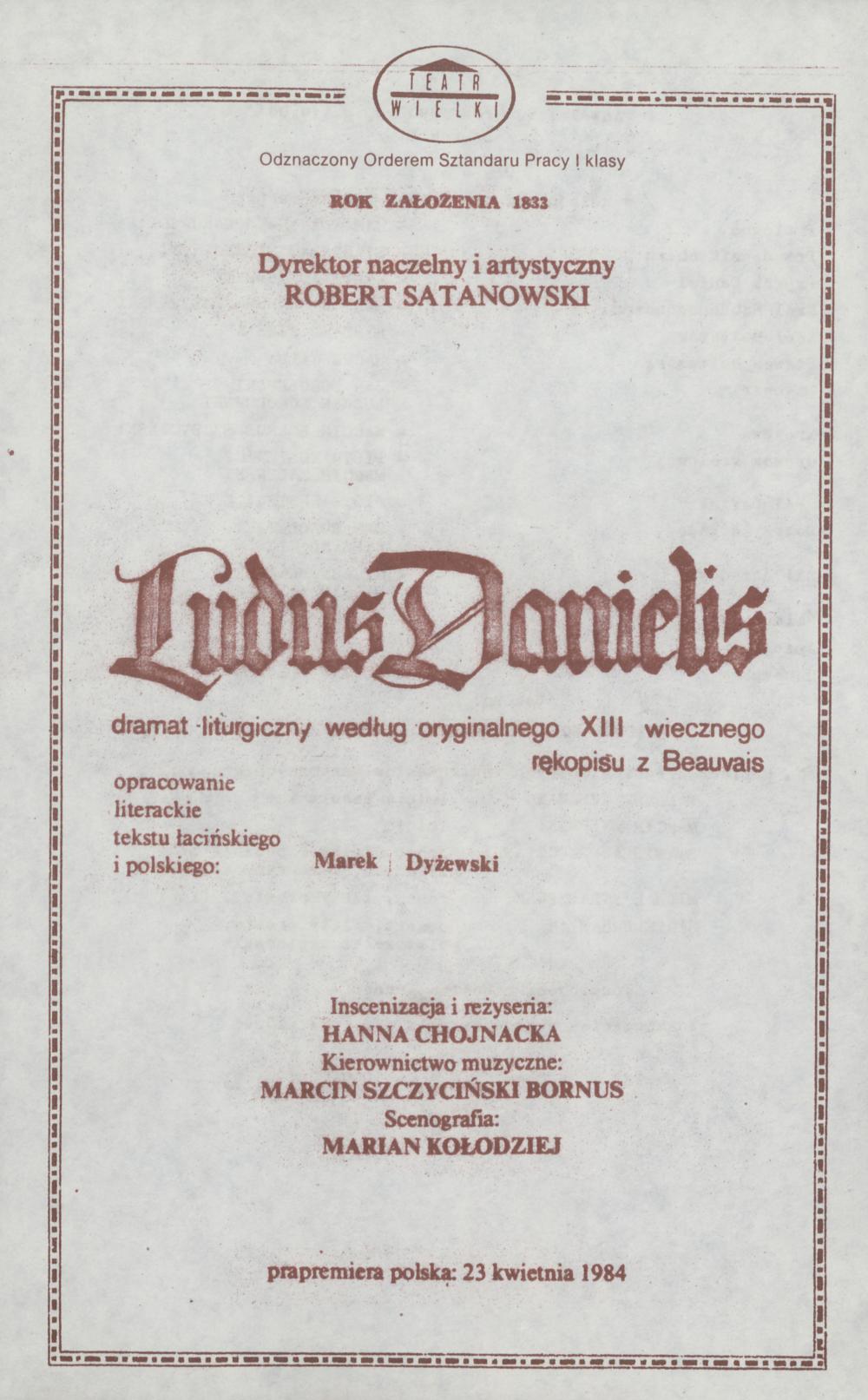 Wkładka obsadowa „Ludus Danielis” 9-04-1990