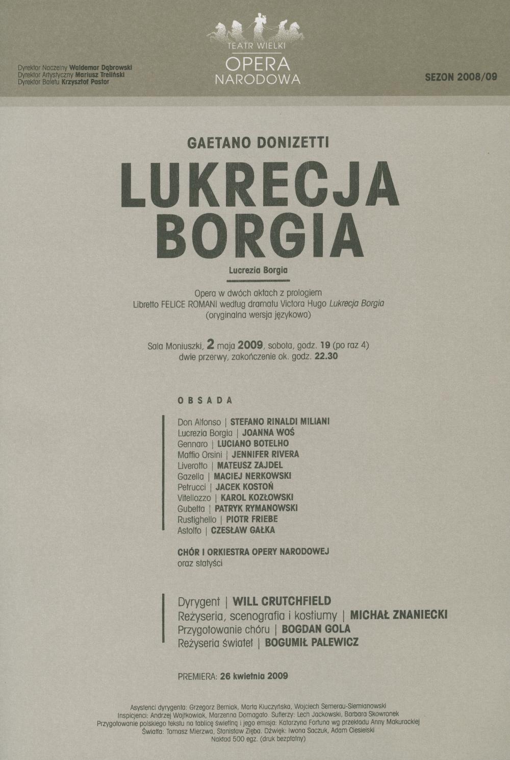 Wkładka obsadowa - „Lukrecja Borgia” Gaetano Donizetti 02-05-2009