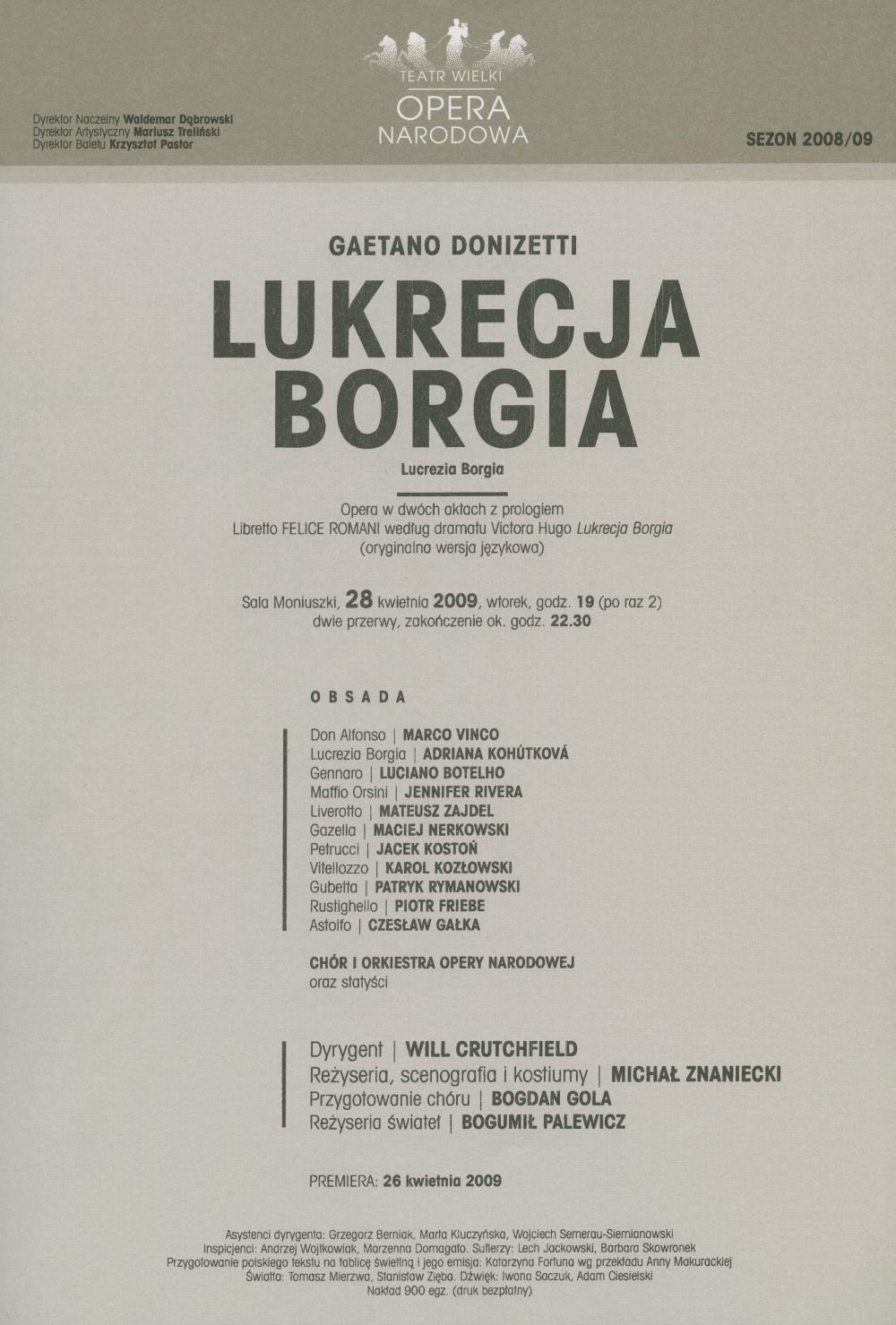 Wkładka obsadowa - „Lukrecja Borgia” Gaetano Donizetti 28-04-2009