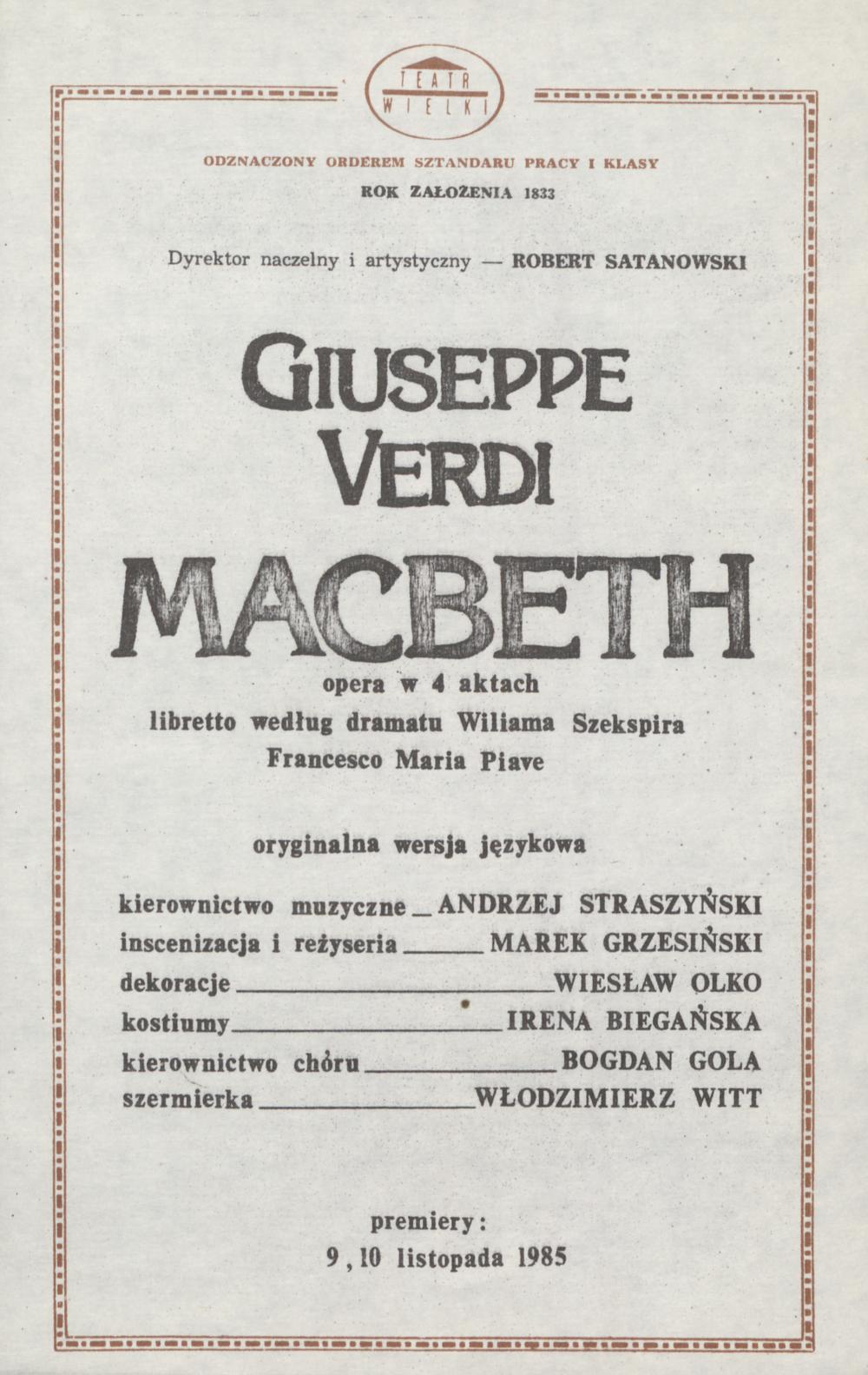 Wkładka obsadowa. „Macbeth” Giuseppe Verdi 08-02-1987