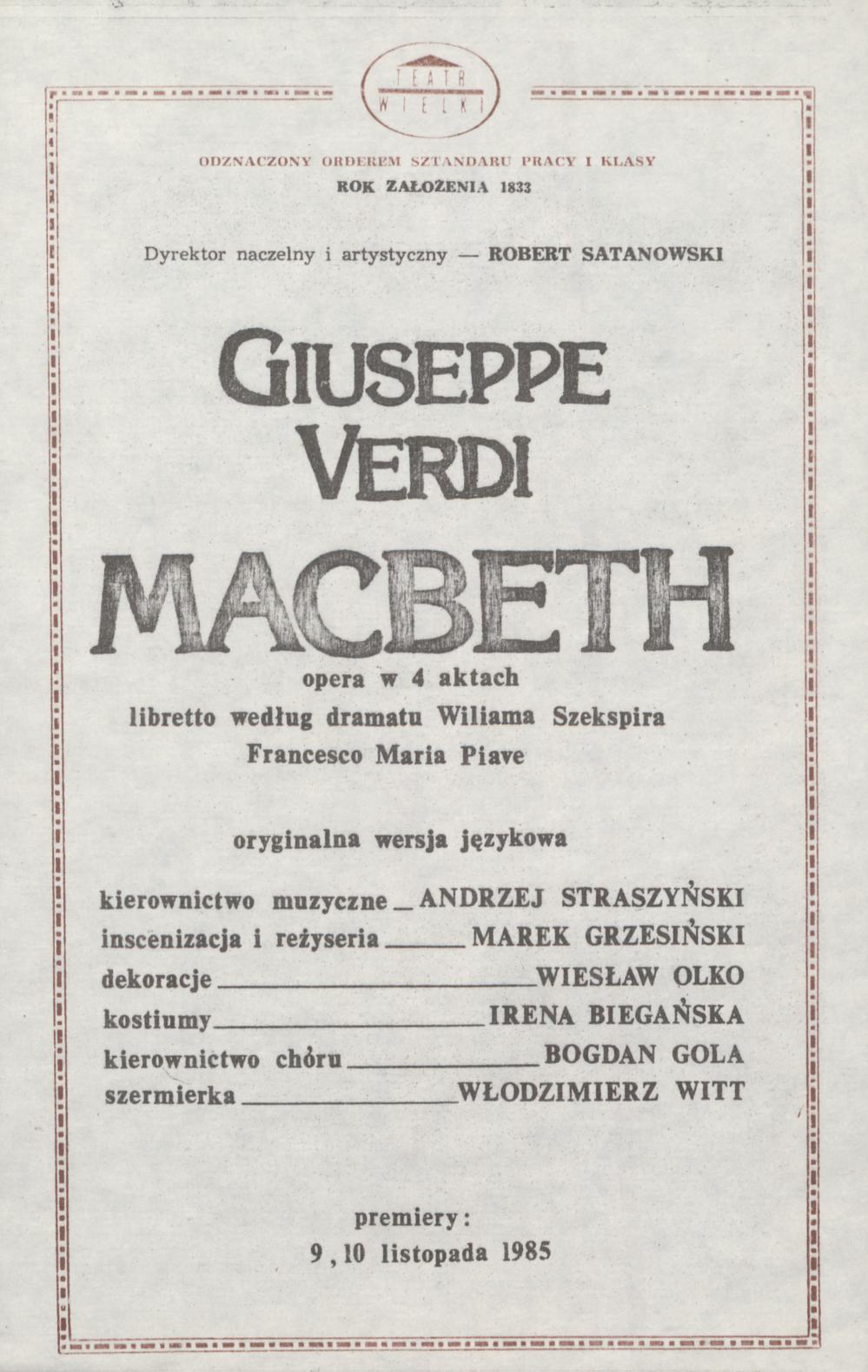 Wkładka obsadowa. „Macbeth” Giuseppe Verdi 25-09-1987