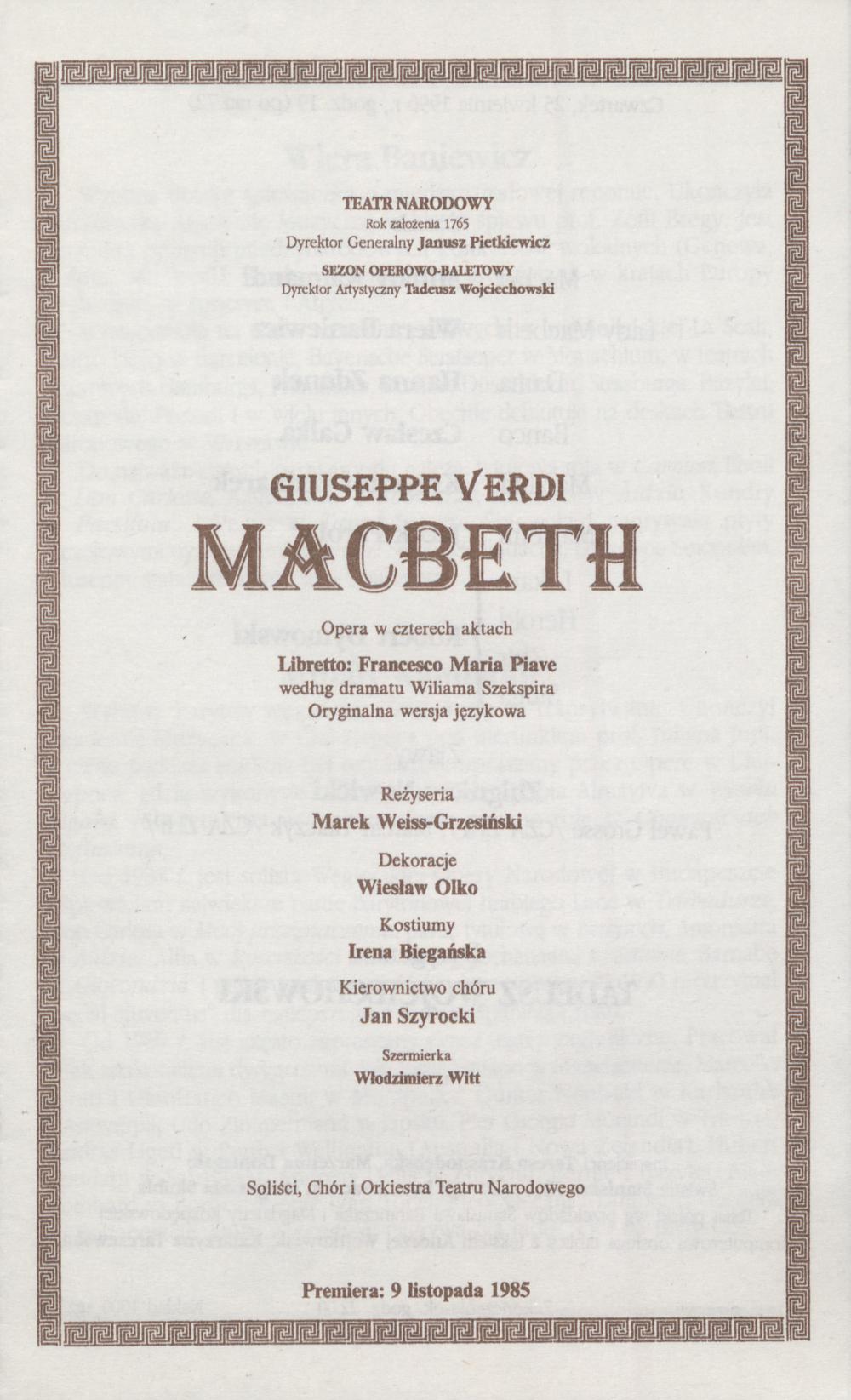 Wkładka obsadowa. „Macbeth” Giuseppe Verdi 25-04-1996