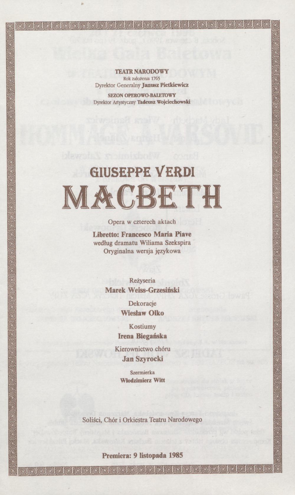 Wkładka obsadowa. „Macbeth” Giuseppe Verdi 08-06-1996