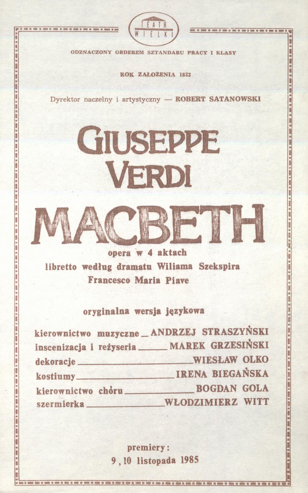 Wkładka obsadowa. „Macbeth” Giuseppe Verdi 10-11-1985