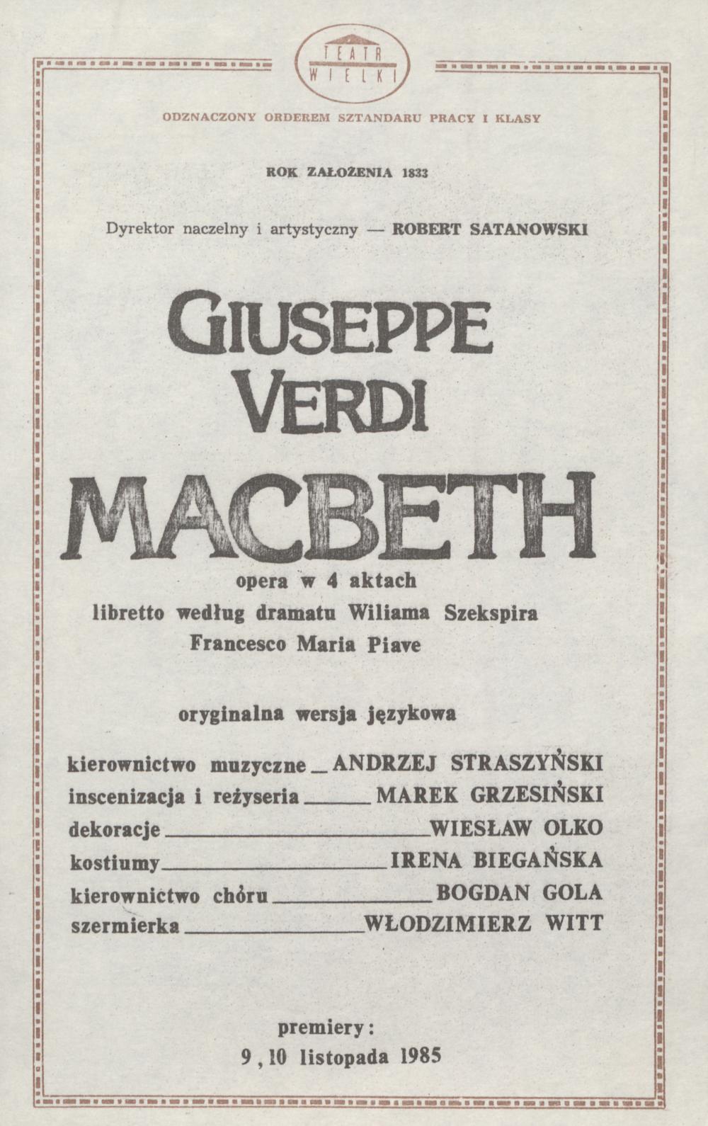 Wkładka obsadowa. „Macbeth” Giuseppe Verdi 21-01-1986