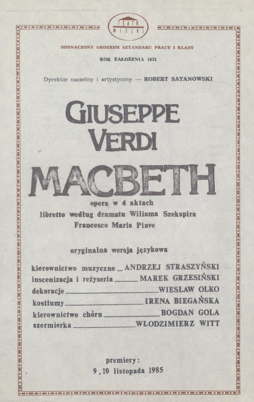 Wkładka obsadowa. „Macbeth” Giuseppe Verdi 21-09-1989