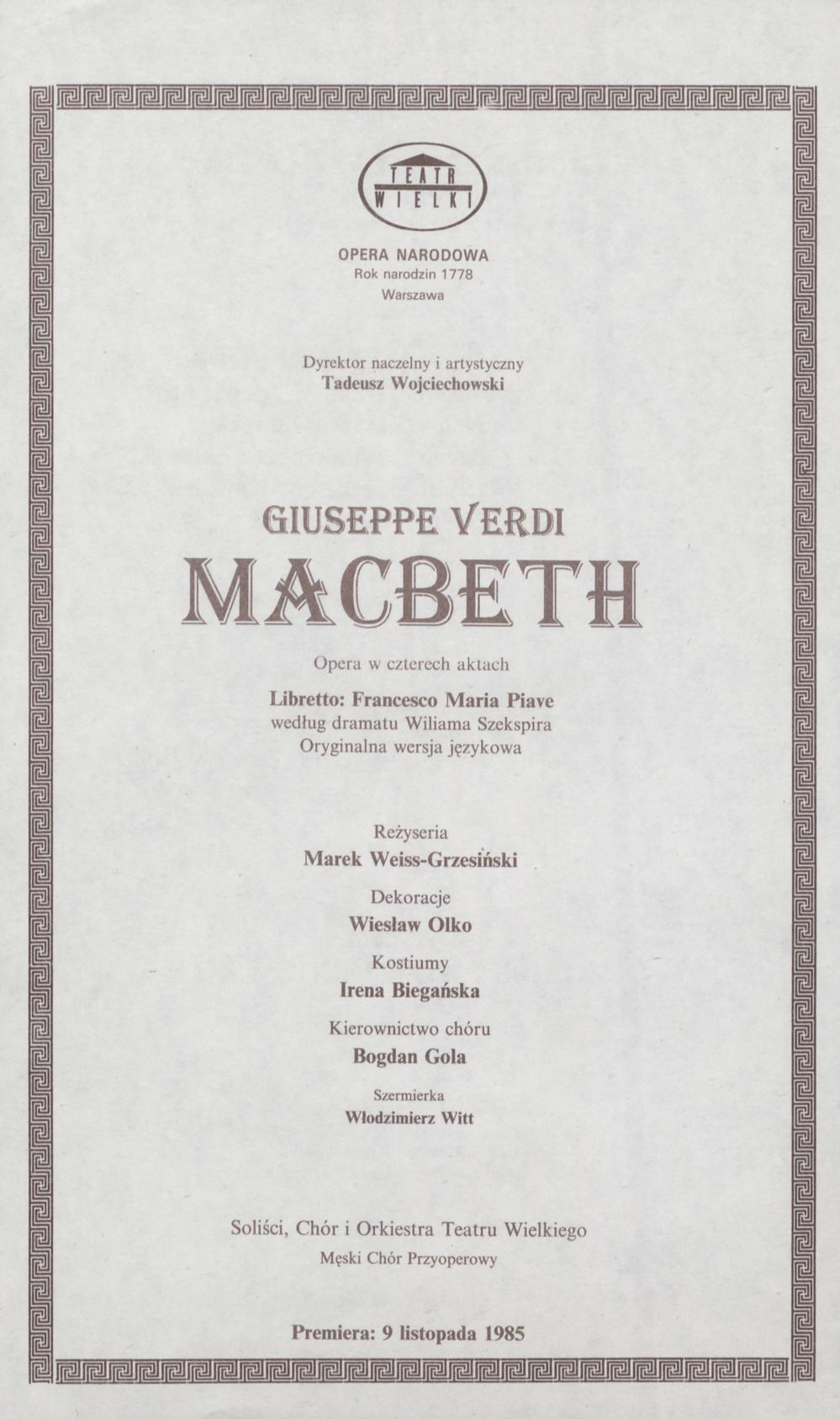 Wkładka obsadowa. „Macbeth” Giuseppe Verdi 06-05-1995
