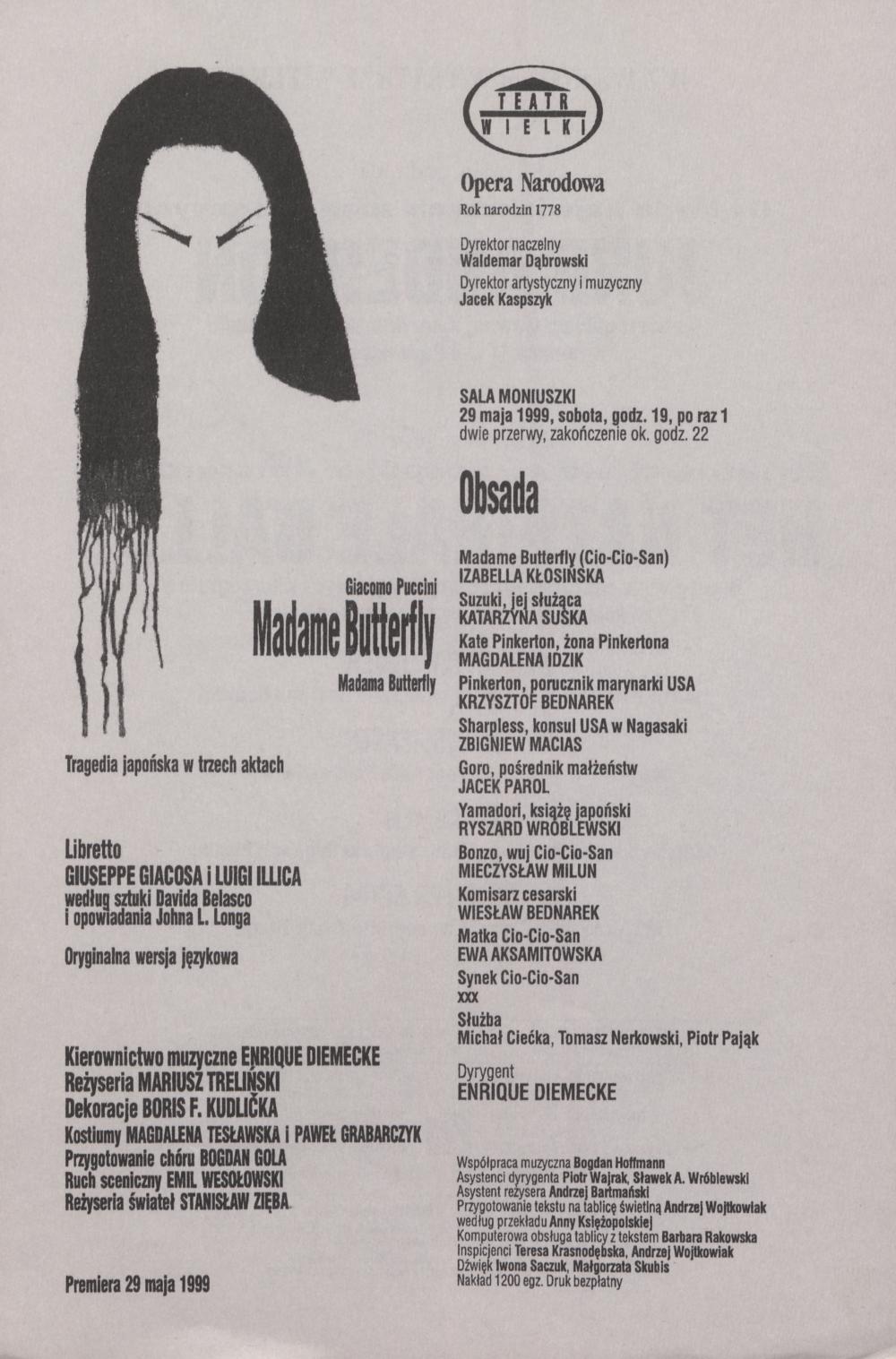 Wkładka obsadowa „Madame Butterfly” Giacomo Puccini 29-05-1999