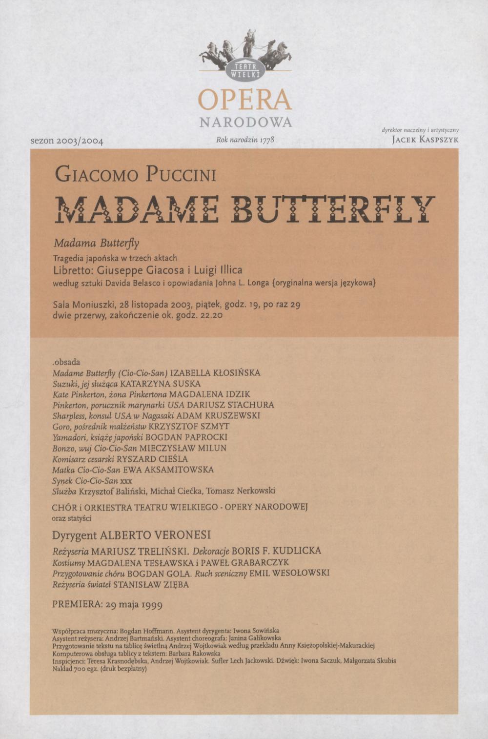 Wkładka obsadowa „Madame Butterfly” Giacomo Puccini 28-11-2003