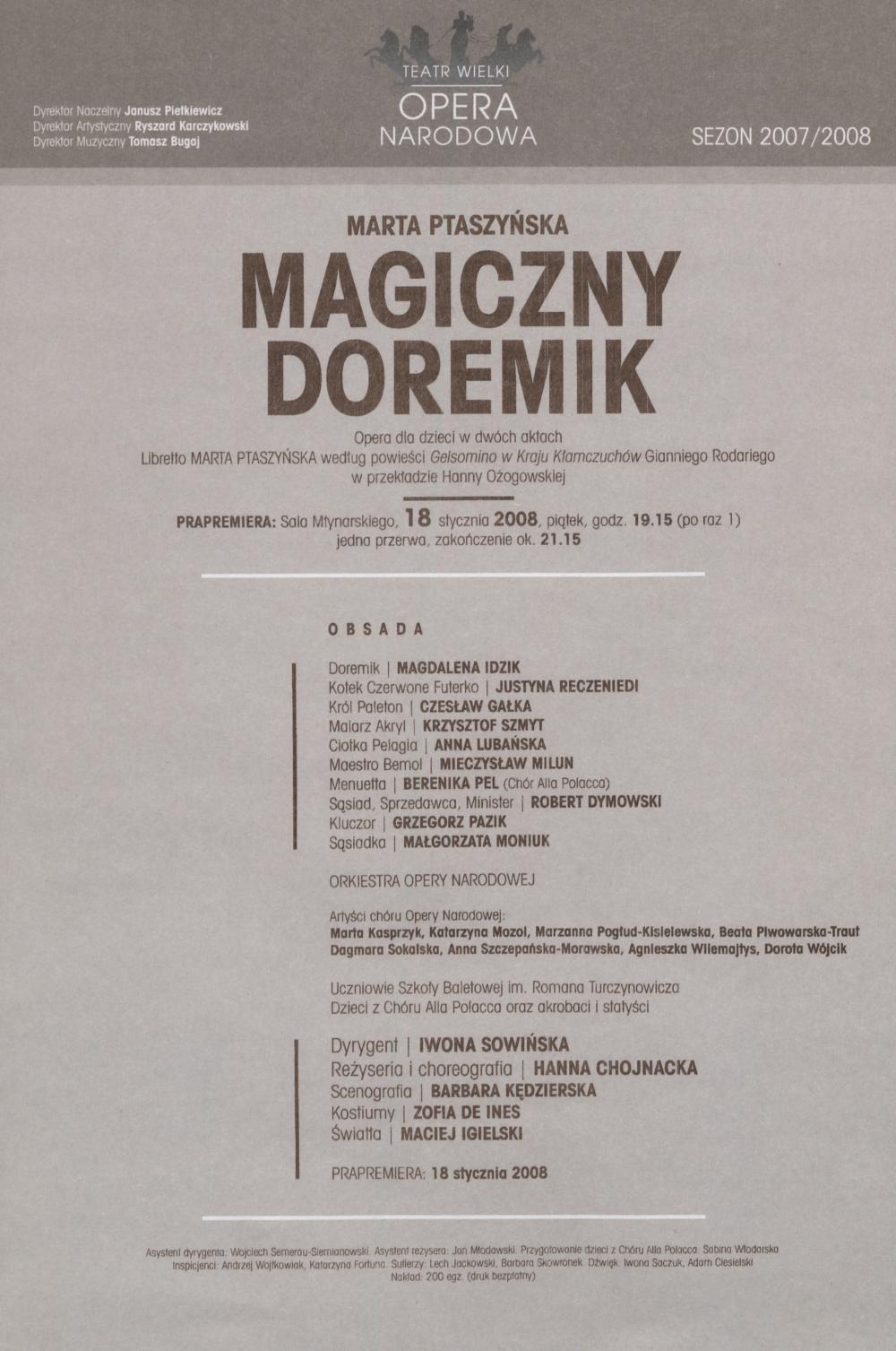 Wkładka obsadowa „Magiczny Doremik” Marta Ptaszyńska 18-01-2008