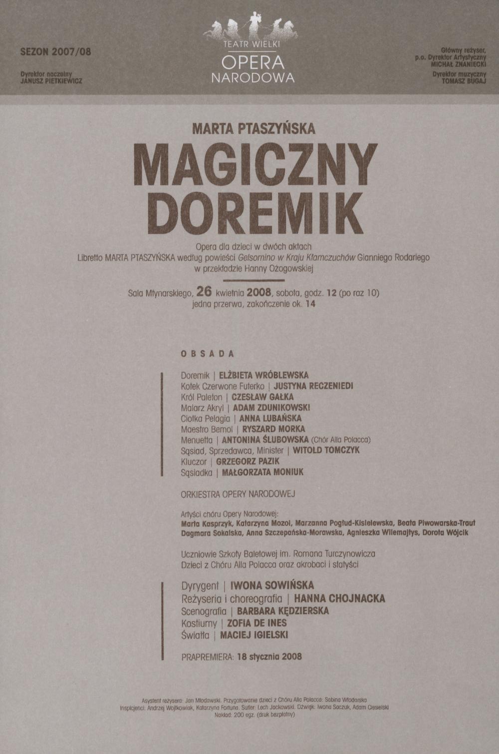 Wkładka obsadowa - „Magiczny Doremik” Marta Ptaszyńska 18-01-2008