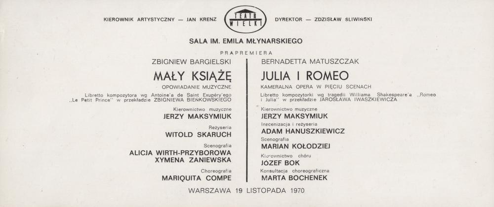 Wkładka obsadowa. „Mały Książę” Zbigniew Bargielski, „Julia i Romeo” Bernadetta Matuszczak 19-11-1970