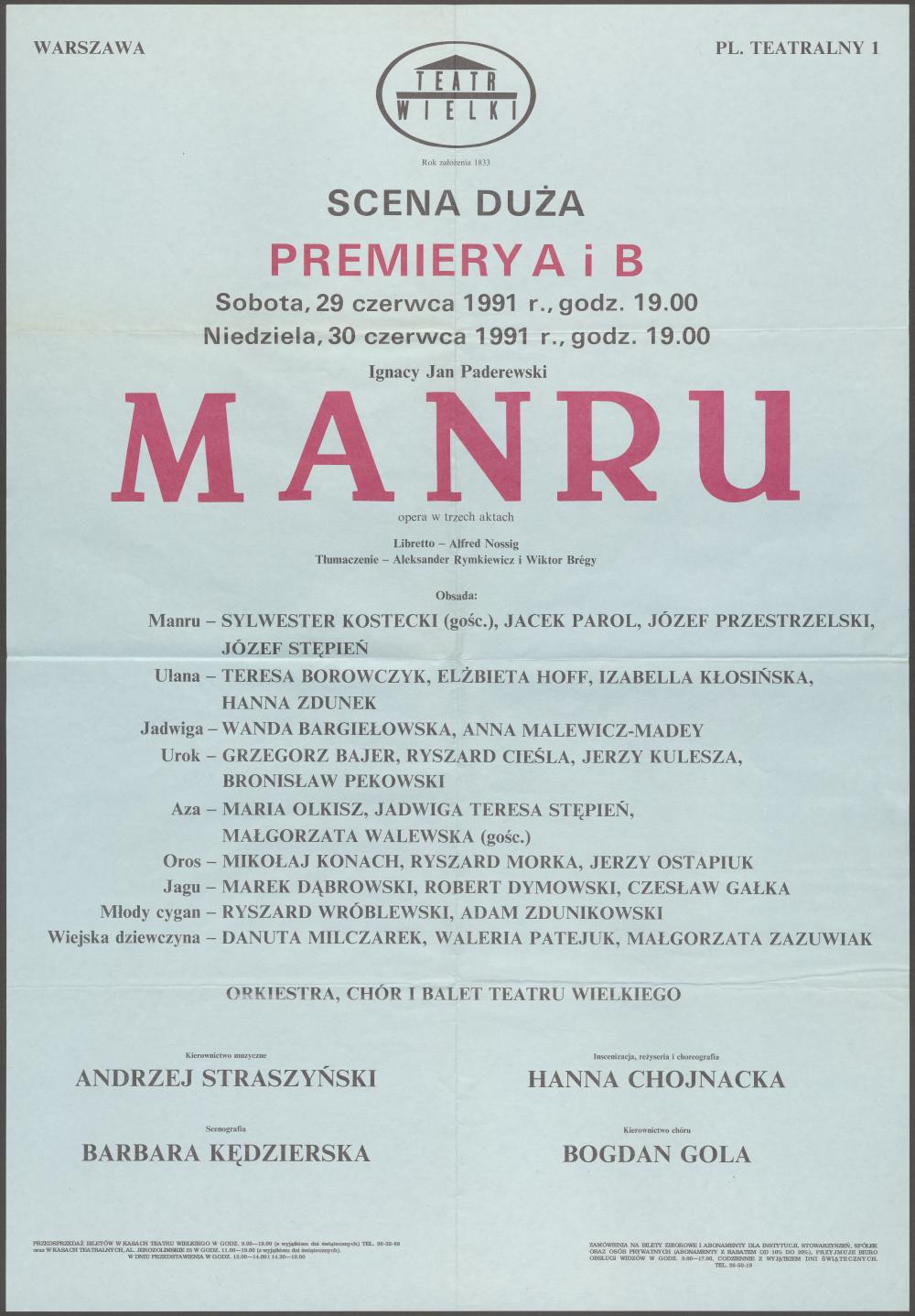 Afisz premierowy. „Manru” Ignacy Paderewski 29-06-1991, 30-06-1991